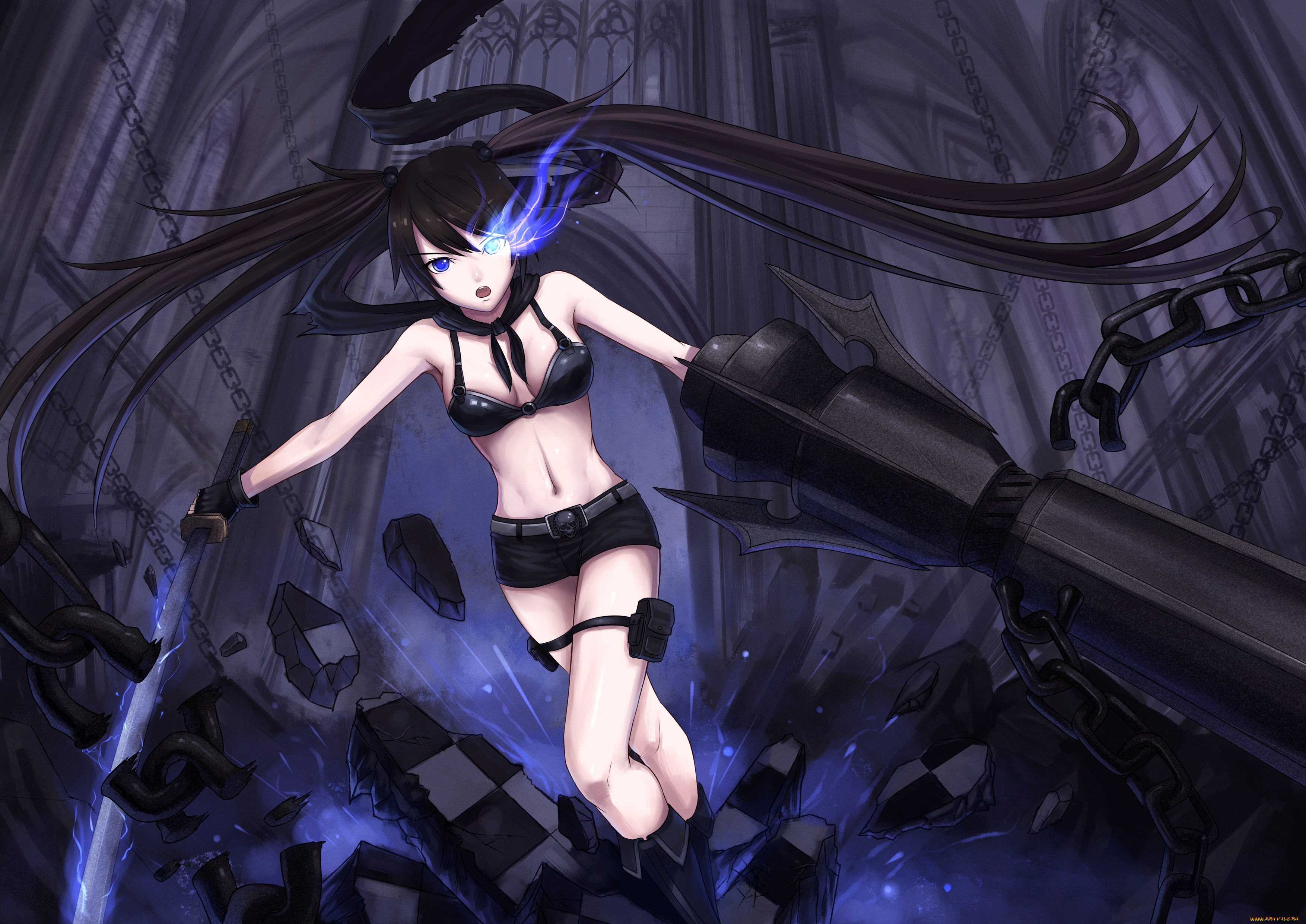 Обои Аниме Black Rock Shooter, обои для рабочего стола, фотографии аниме,  black, rock, shooter, камни, цепи, девушка Обои для рабочего стола, скачать  обои картинки заставки на рабочий стол.